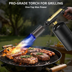 KinetiFire torch with one-touch max fire ignition for instant heat.