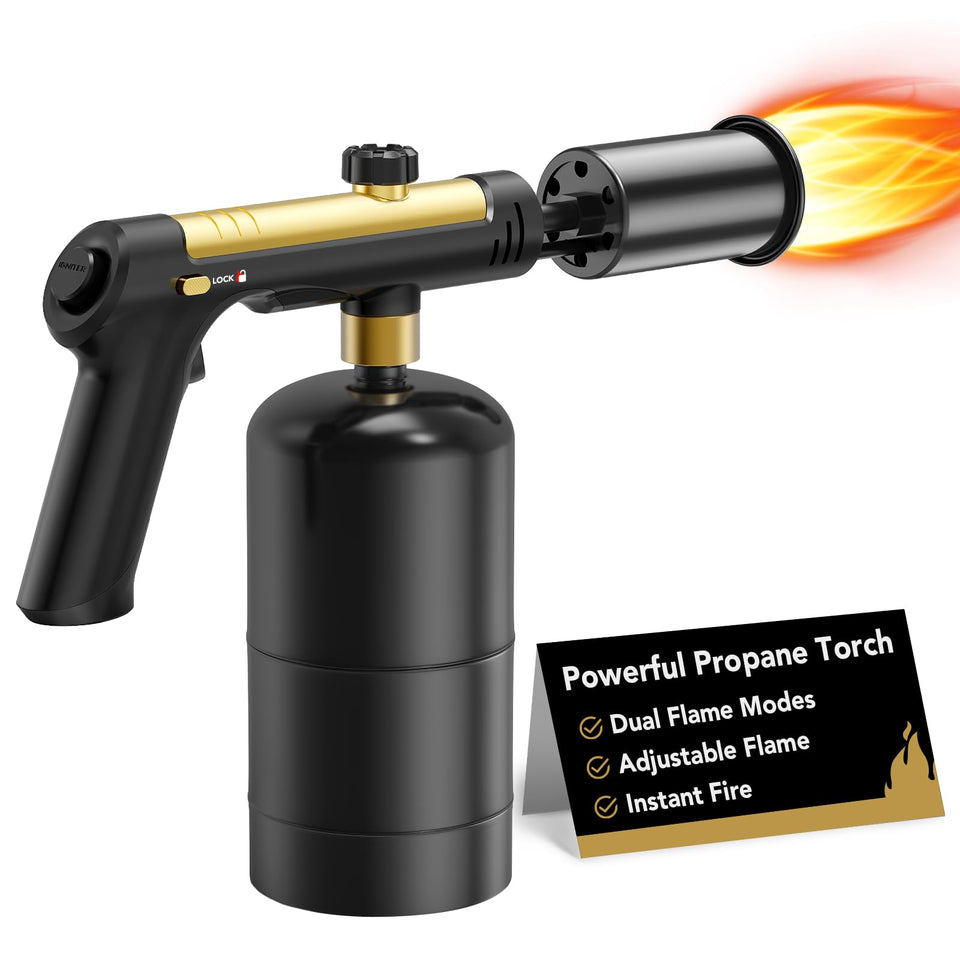 KinetiFire torch gun front view highlighting compact design for precise outdoor searing.