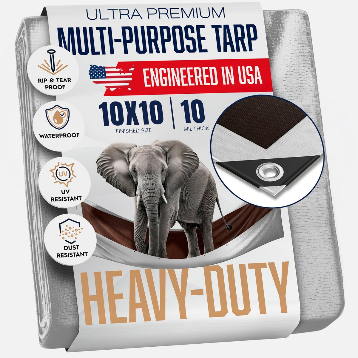 KING-A-MA-JIGS 10x10 tarp waterproof; protects gear from rain.