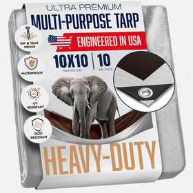 KING-A-MA-JIGS 10x10 tarp waterproof; protects gear from rain.