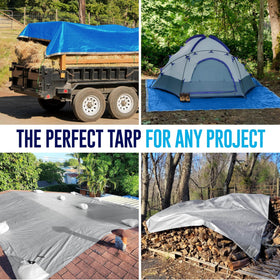 King-A-Ma-Jigs reversible tarp in blue and silver for versatile shelter.