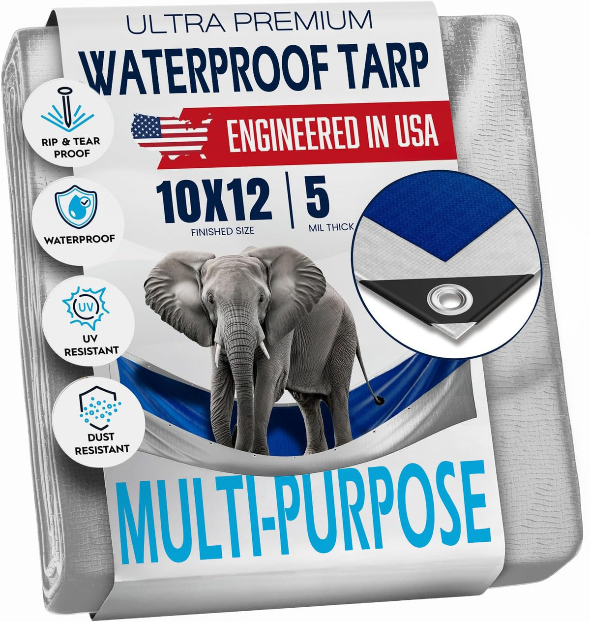King-A-Ma-Jigs 10x12 tarp front view for reliable rain protection outdoors.