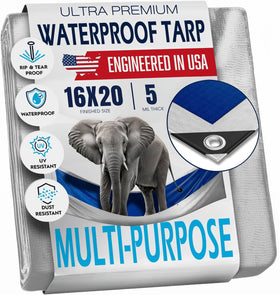 KING-A-MA-JIGS 16x20 waterproof tarp in blue and silver, outdoor coverage.
