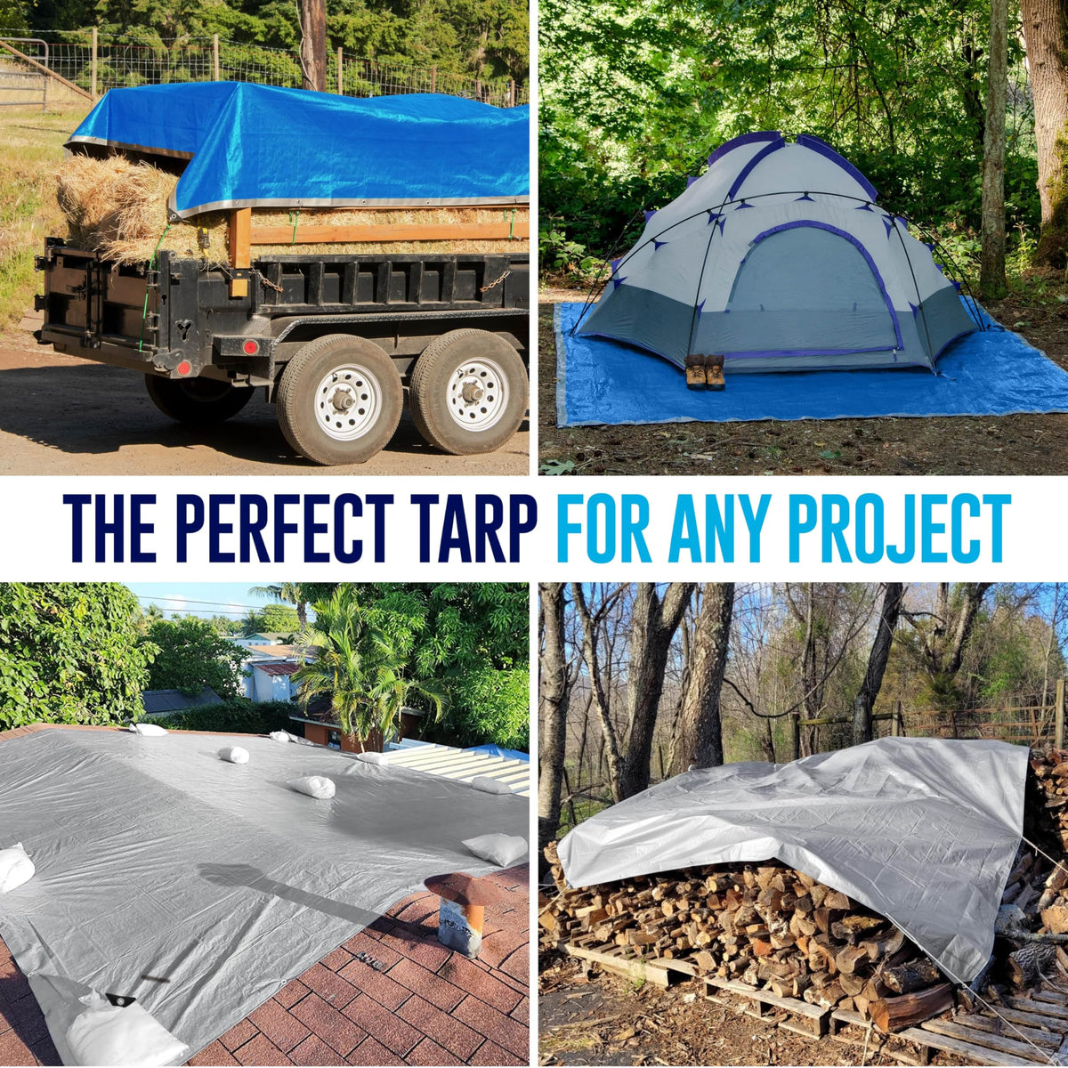 Blue and silver reversible KING-A-MA-JIGS tarp offers flexible shelter options.