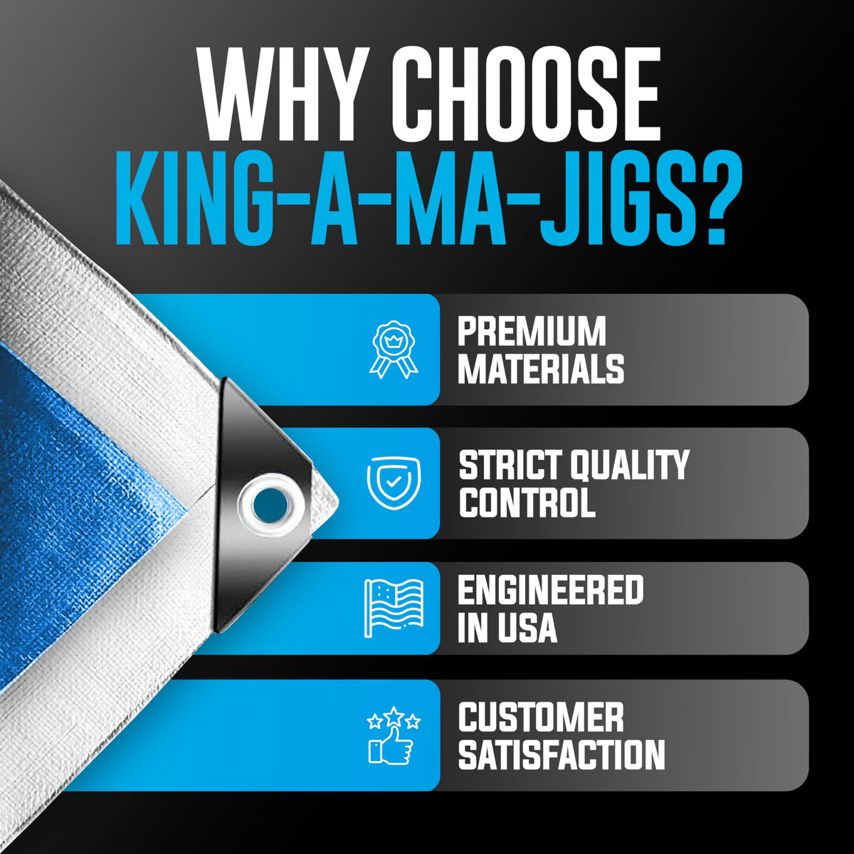 Dustproof, weather and tear resistant KING-A-MA-JIGS tarp with UV protection.