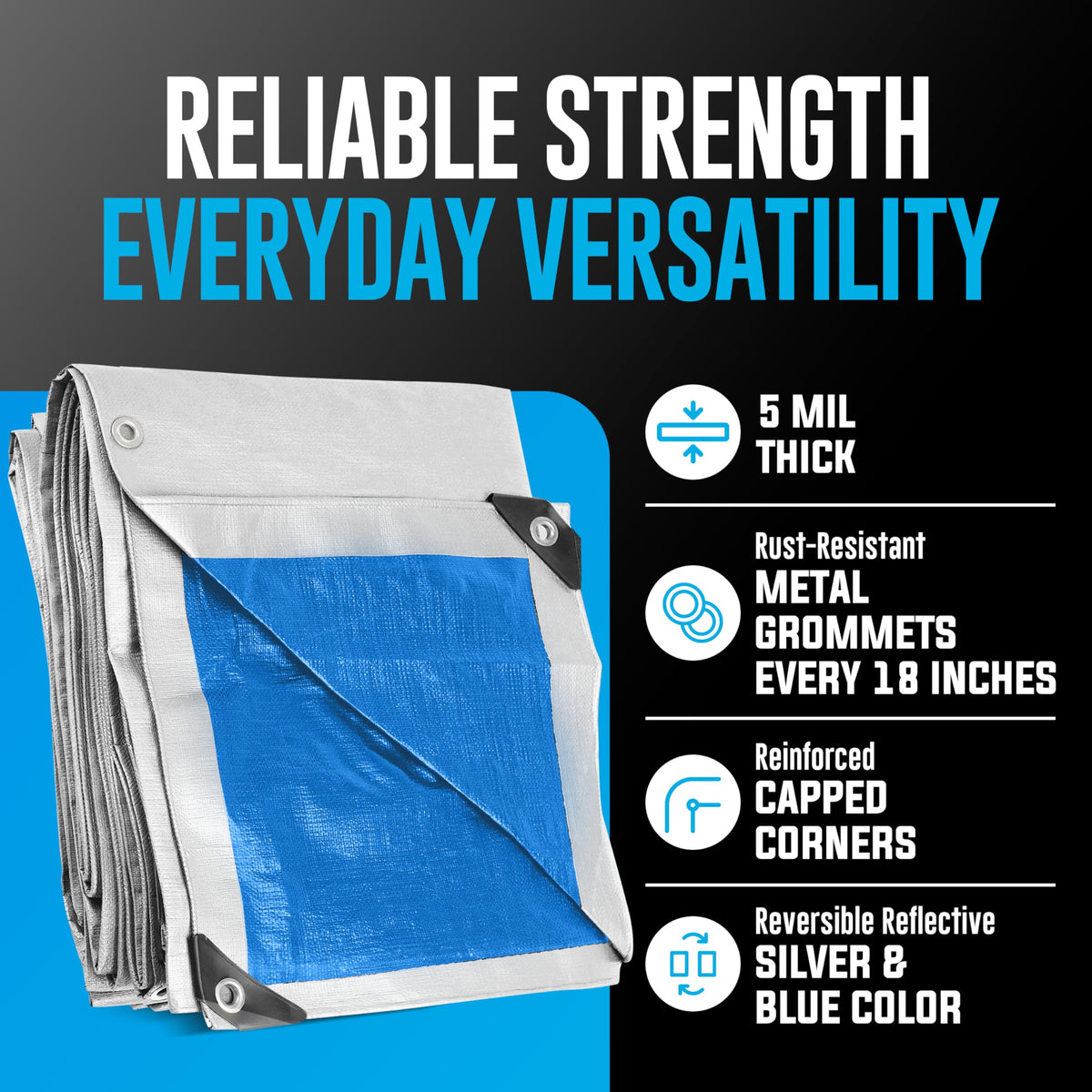 KING-A-MA-JIGS tarp with metal grommets every 18 inches for secure setup.