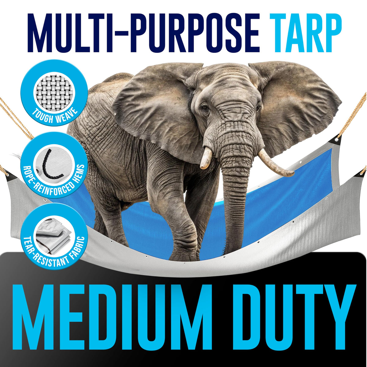 Reinforced corners on the KING-A-MA-JIGS tarp for durable outdoor use.