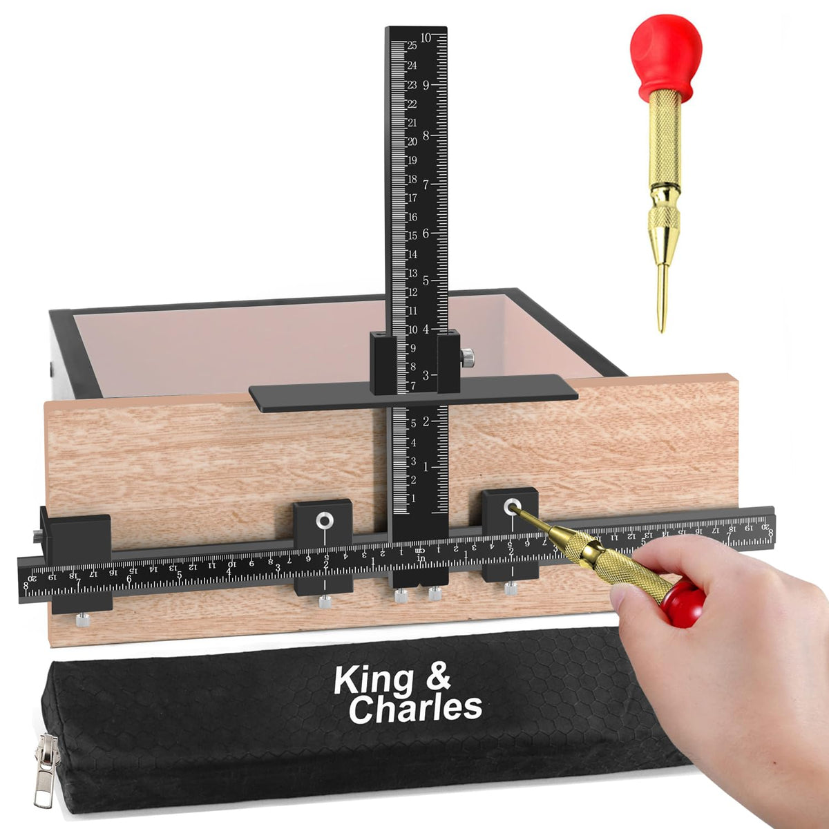 King&Charles cabinet jig front view with durable aluminum for accurate hole spacing.