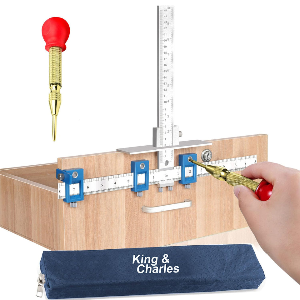 King&Charles cabinet jig with automatic center punch for precise hole placement