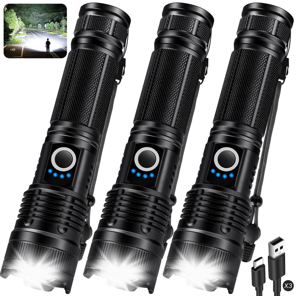 KingCAESAR 3-pack flashlight front view with ultra-bright beam for home use