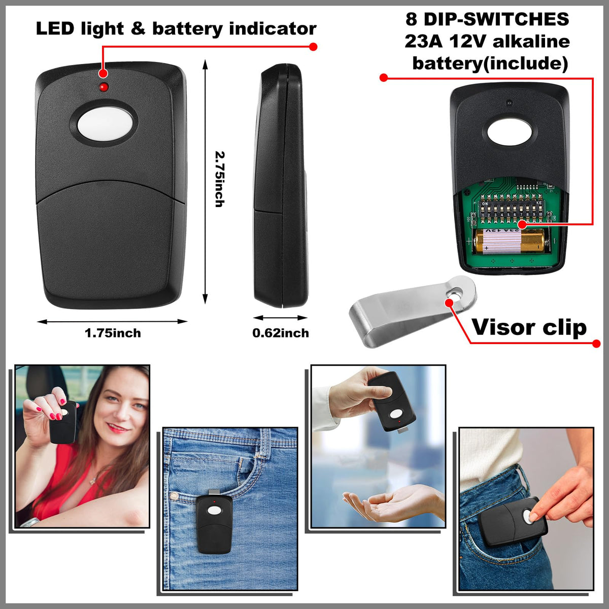 Kingdder garage door remote on a compact keychain for portable use.