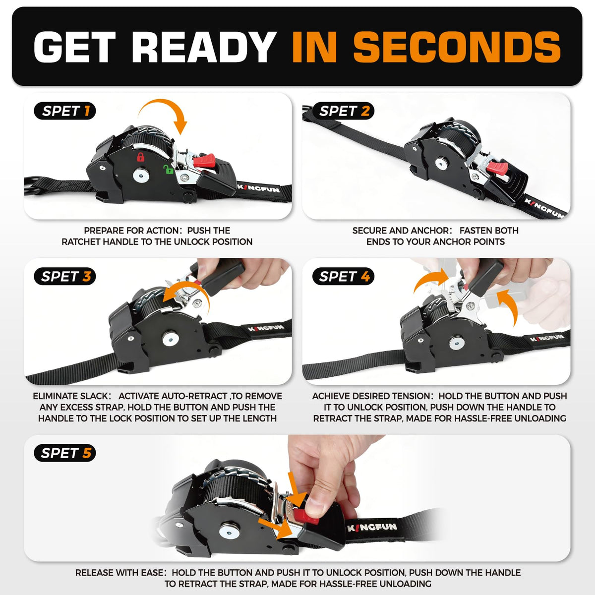 Kingfun ratchet strap allows quick one-handed tightening for solo use.