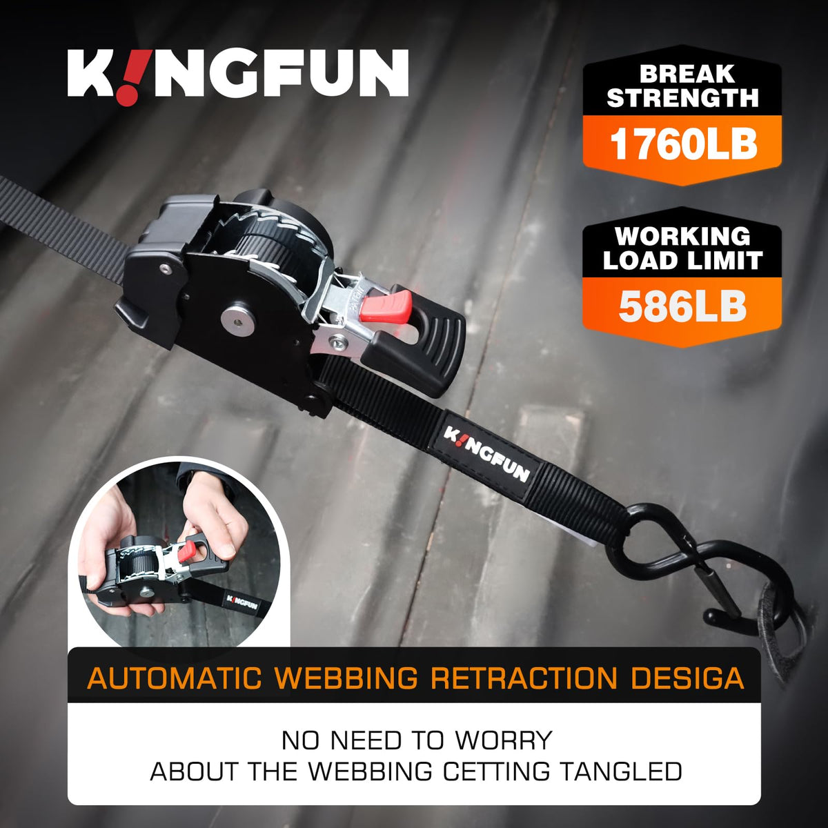 Kingfun strap rated at 1,760 lb break strength handles heavy cargo.
