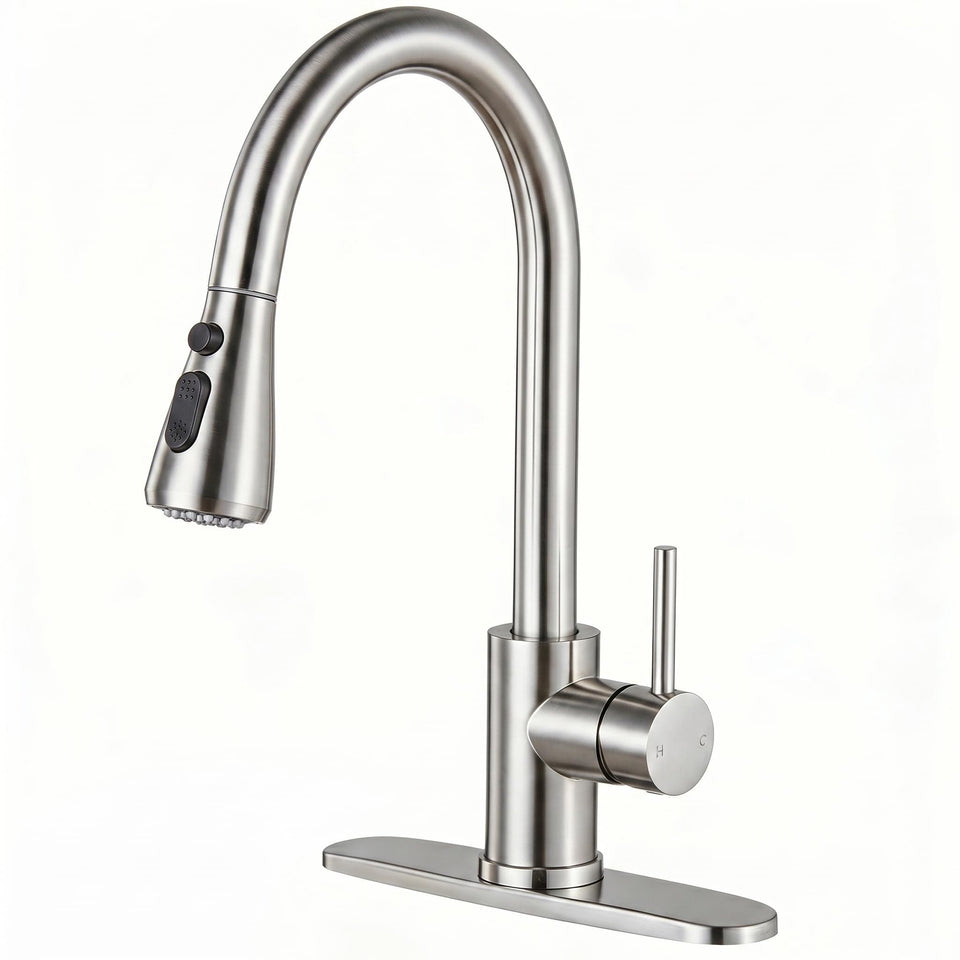 KINGO HOME brushed nickel faucet close-up shows durable finish
