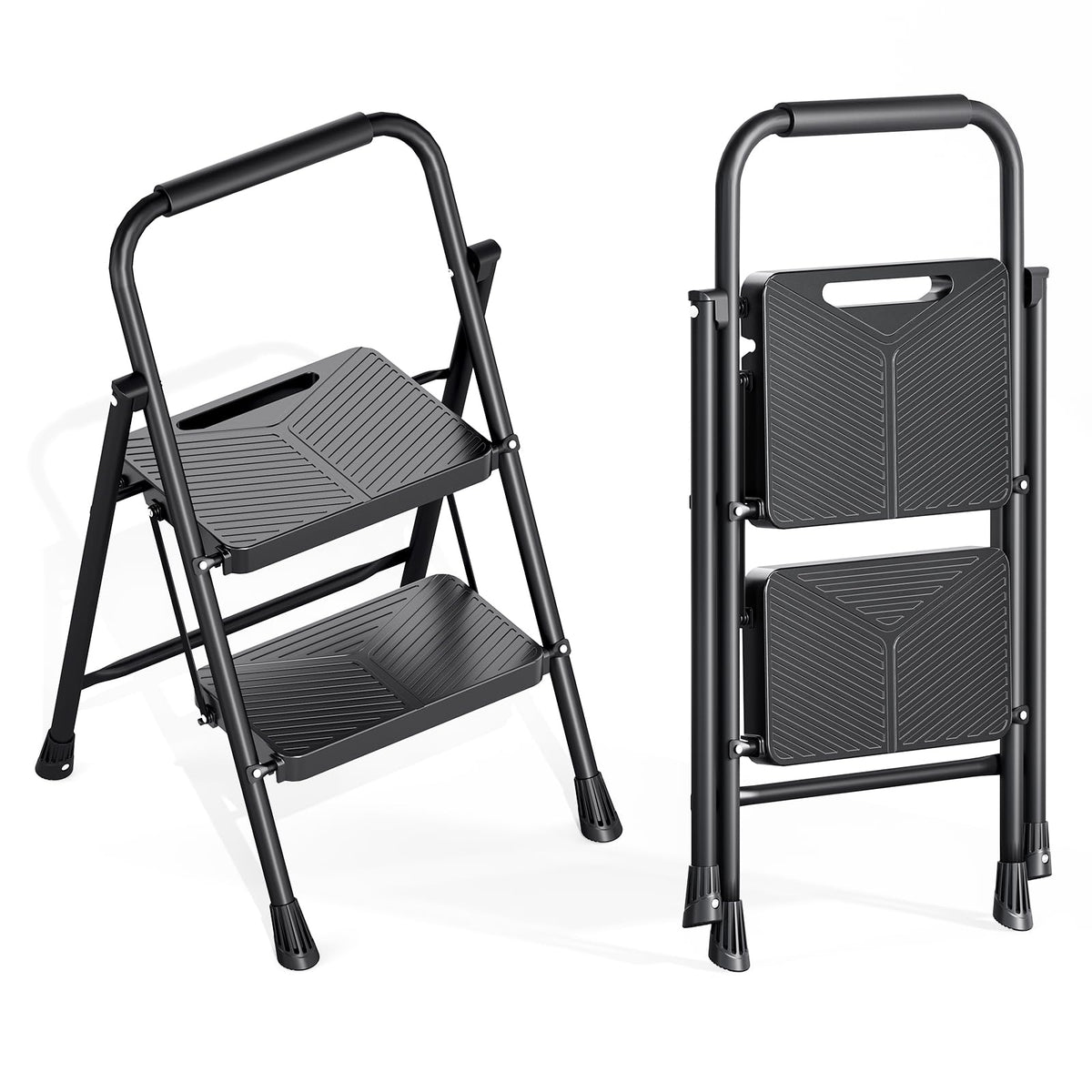 Kingrack 2-step ladder folded for compact storage in tight spaces.