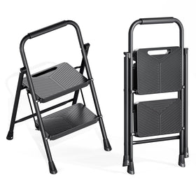 Kingrack 2-step ladder folded for compact storage in tight spaces.