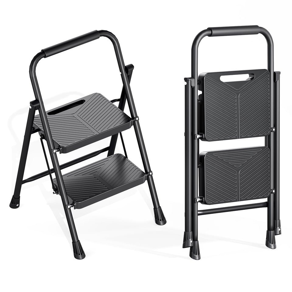 Kingrack 2-step ladder folded for compact storage in tight spaces.