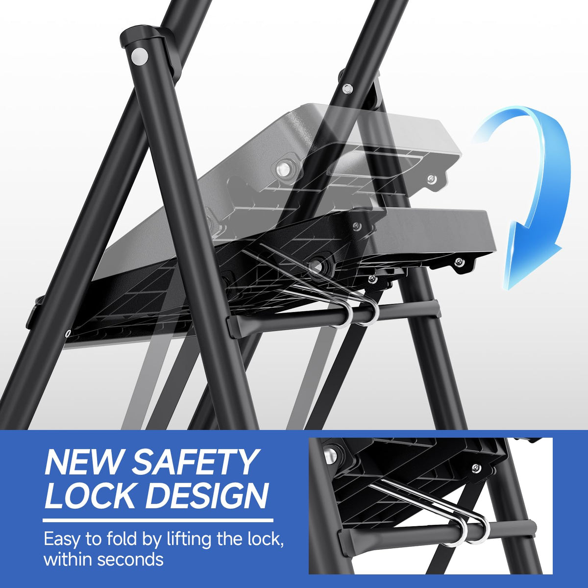 Kingrack 2-step ladder open for secure reach to high cabinets.