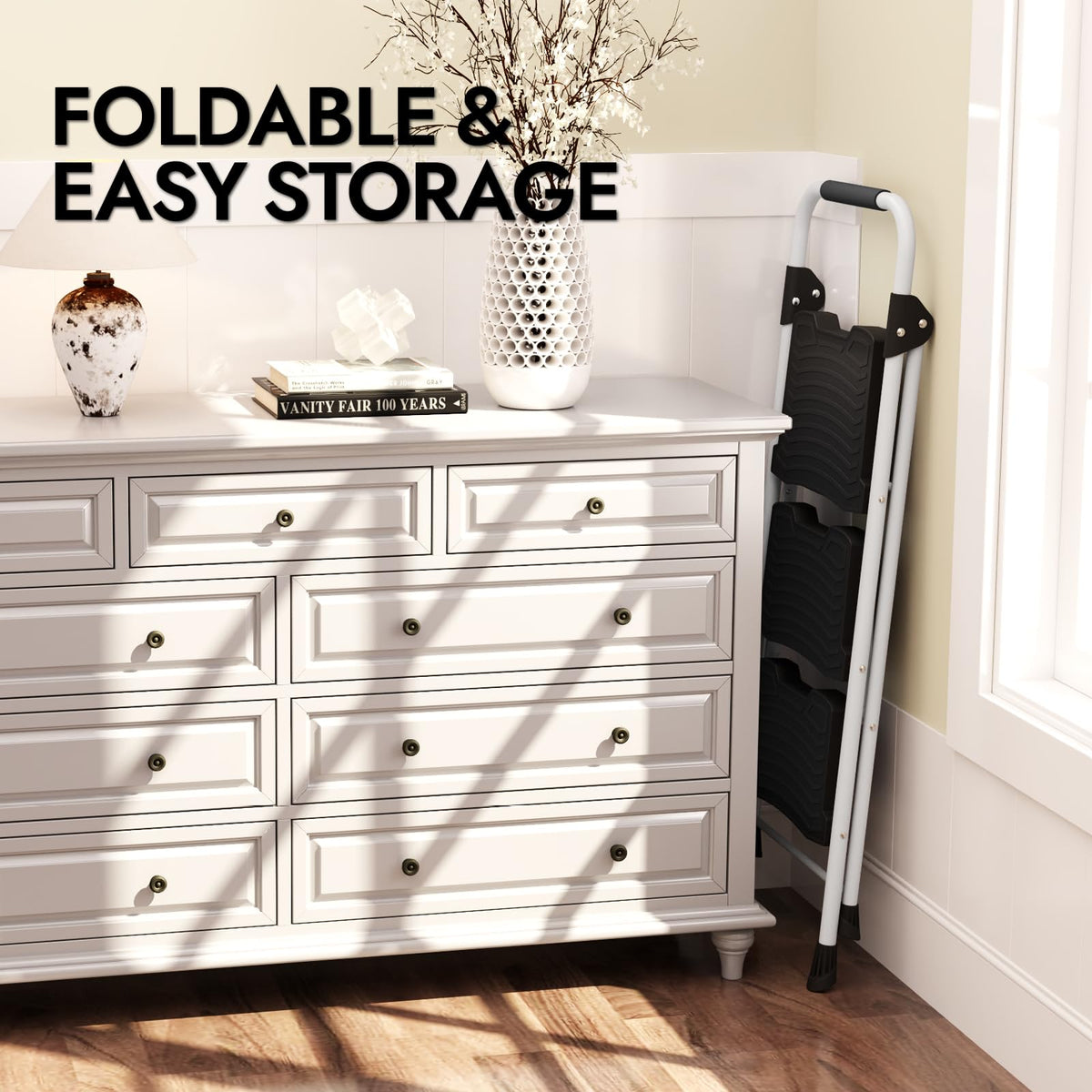 KINGRACK ladder used as a convenient shelf for extra storage.