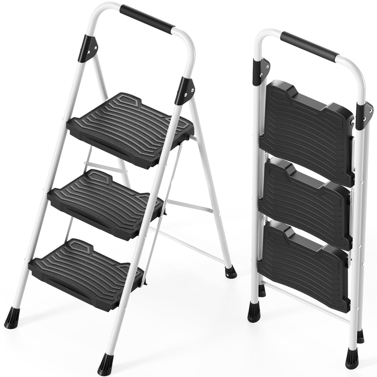 KINGRACK 3-step folding ladder during assembly demonstrates sturdy construction for heavy tasks.
