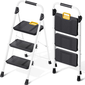 KINGRACK 3-step folding ladder closed for compact storage and easy transport.