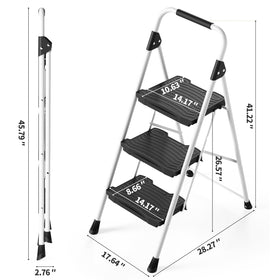 KINGRACK 3-step ladder with non-skid pedals provides stable footing.