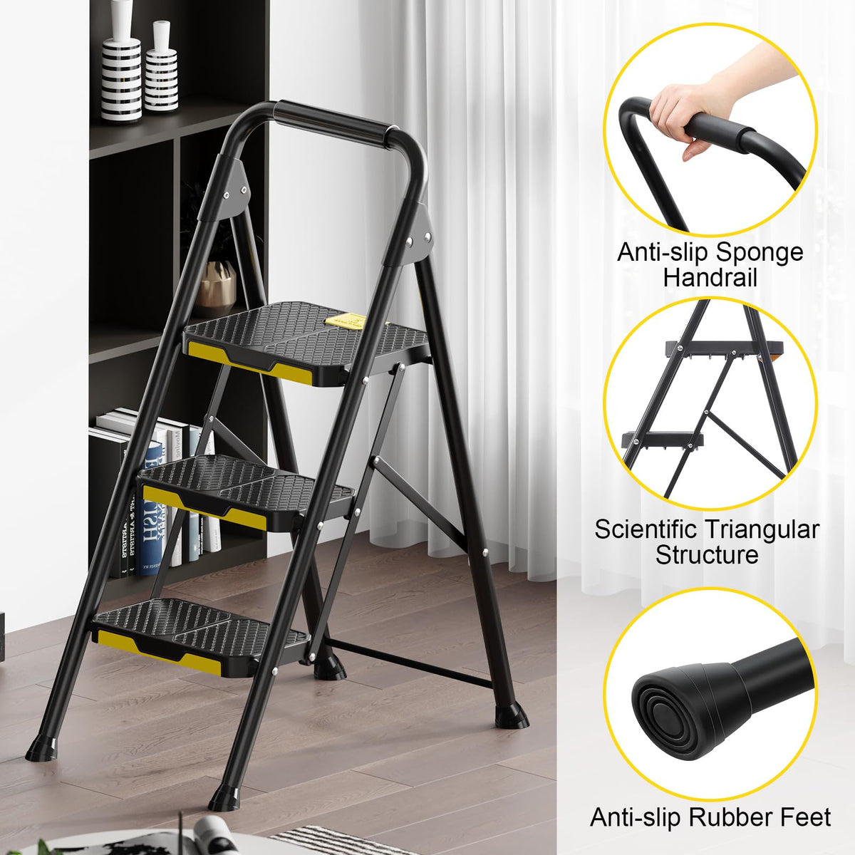 KINGRACK 3 Step Ladder anti-slip pedals prevent slips during tasks