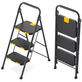 KINGRACK 3 Step Ladder front view highlights sturdy frame and wide pedals