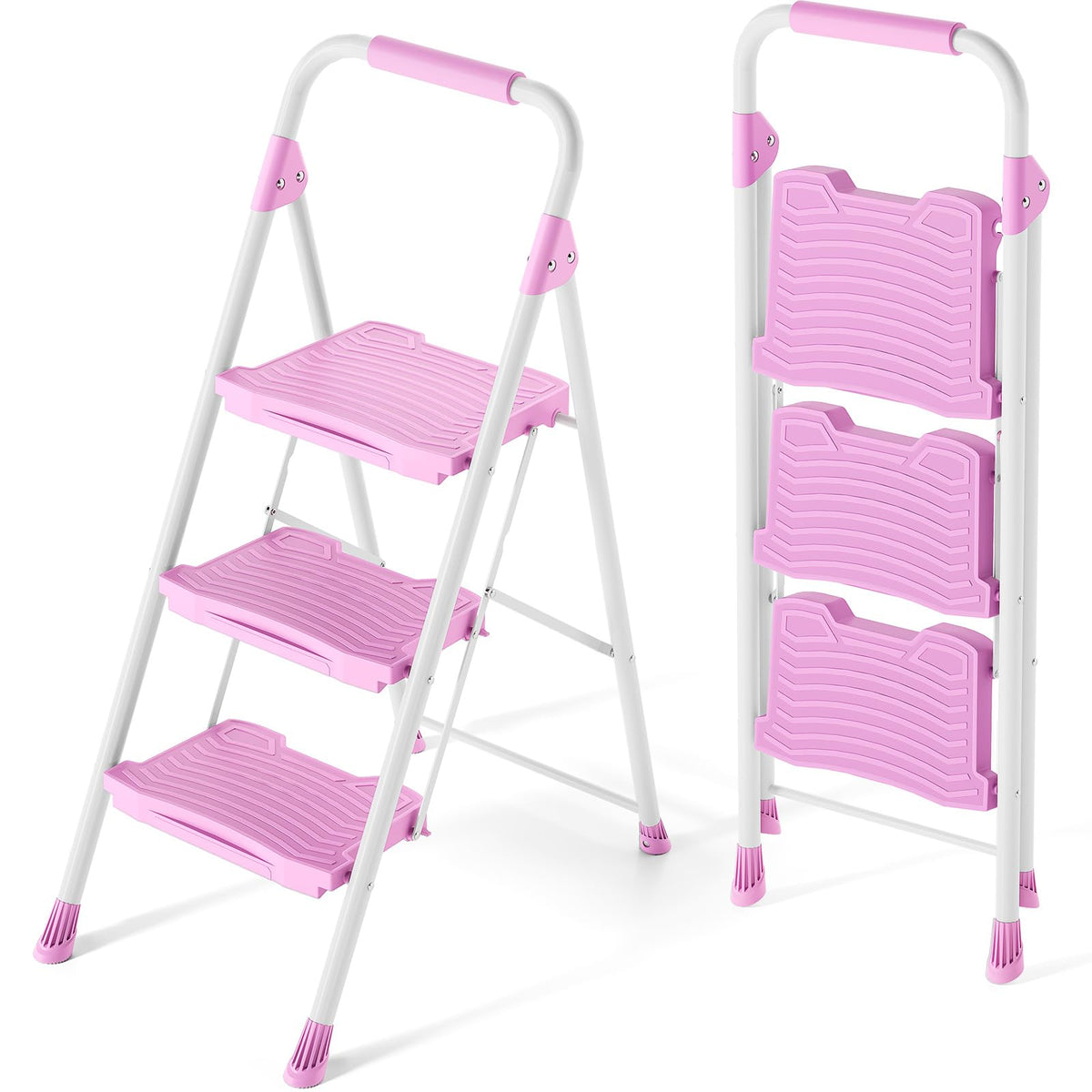 KINGRACK 3-step pink ladder front view for easy reach around the home