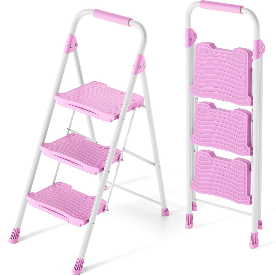 KINGRACK 3-step pink ladder front view for easy reach around the home