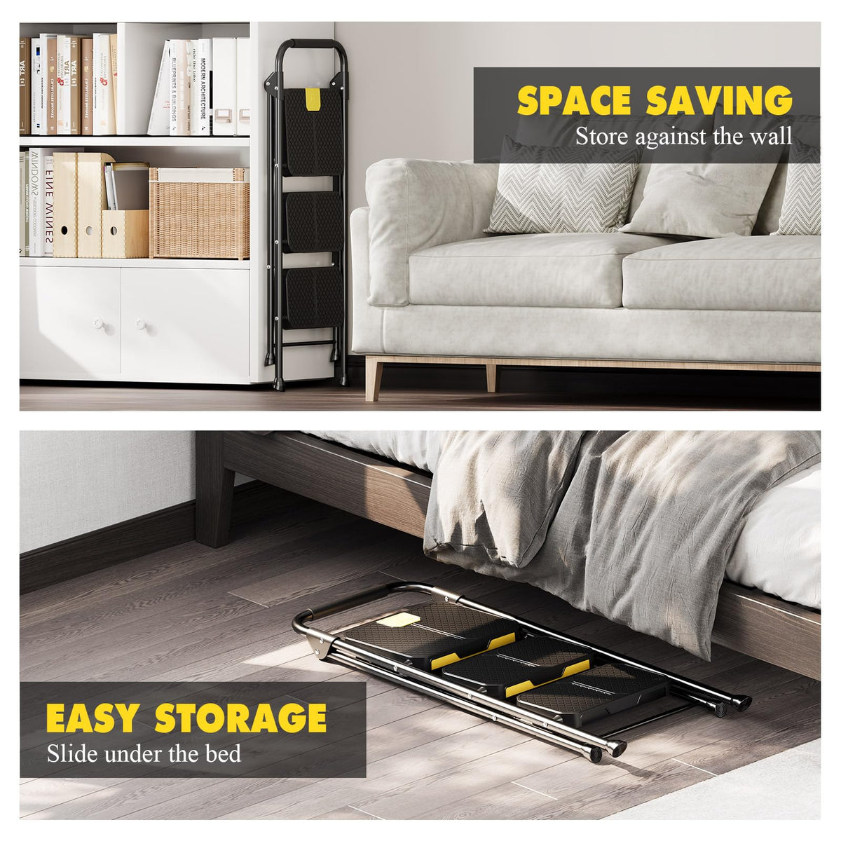 KINGRACK 3 Step Ladder safe-lock mechanism auto-engages for secure setup