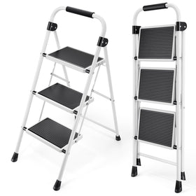 KINGRACK 3-Step Folding Ladder open for high-reach tasks with compact footprint.