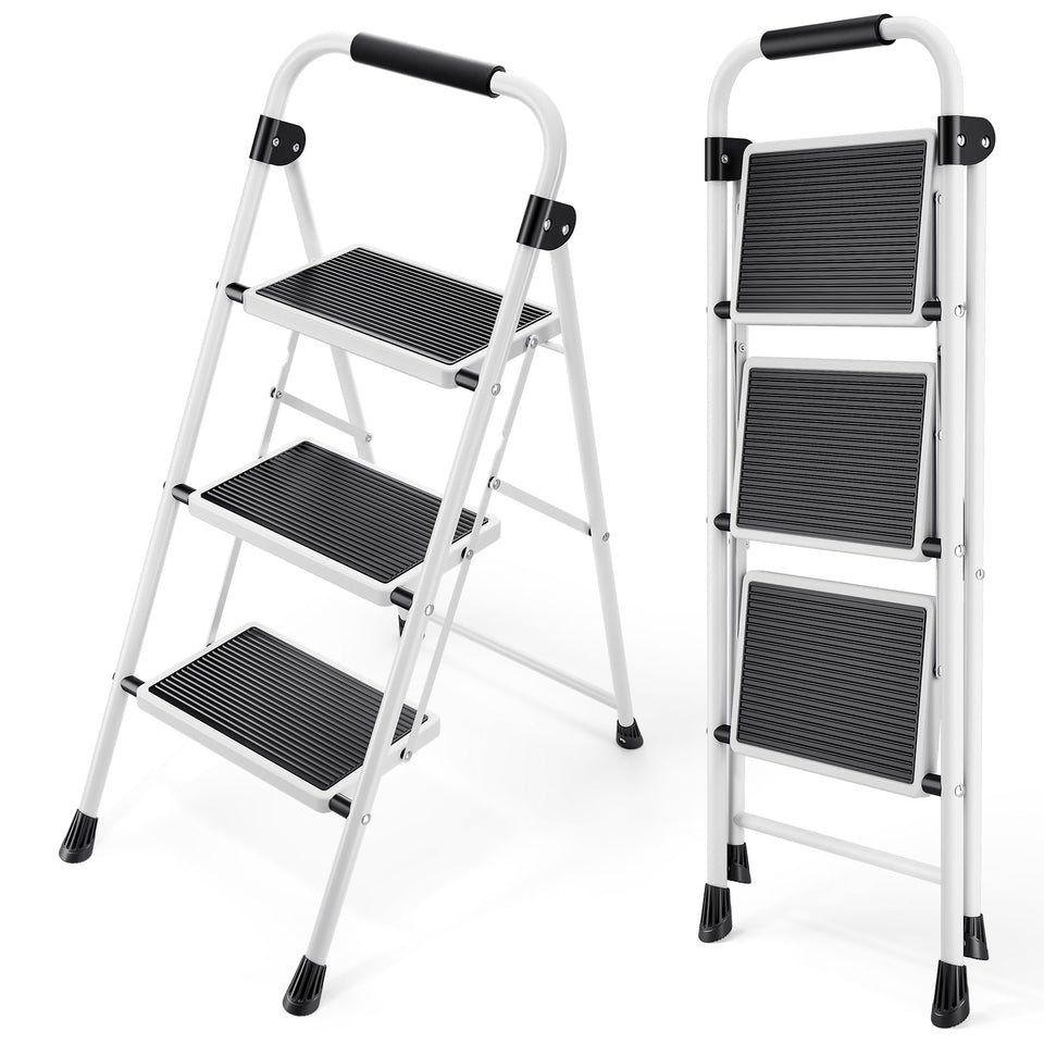 KINGRACK 3-Step Folding Ladder open for high-reach tasks with compact footprint.
