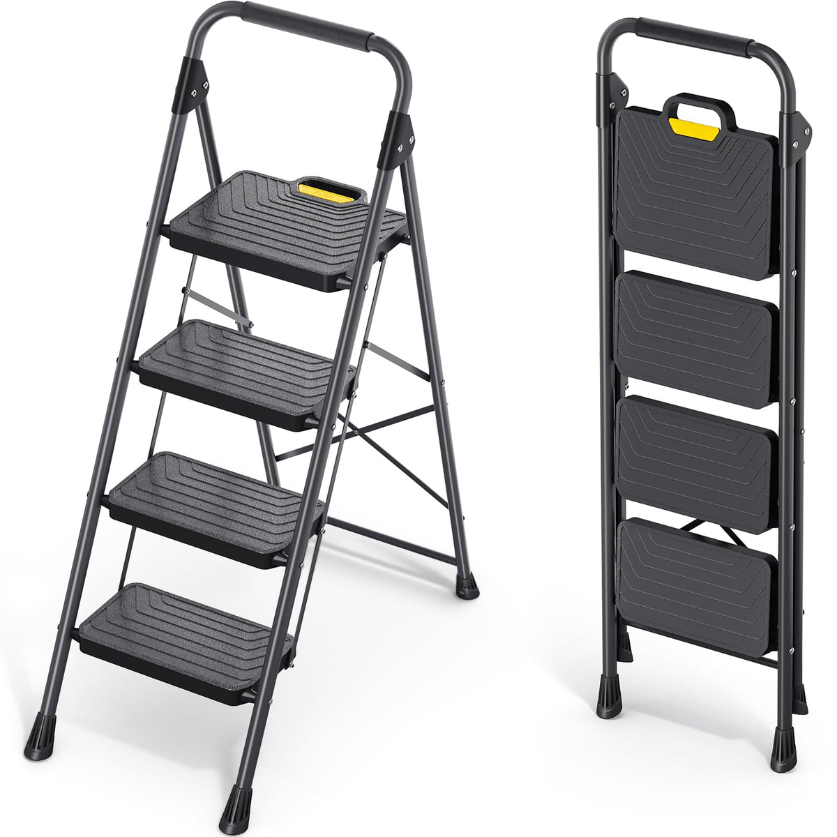 KINGRACK 4-step ladder front view with sturdy steel frame for high reach.