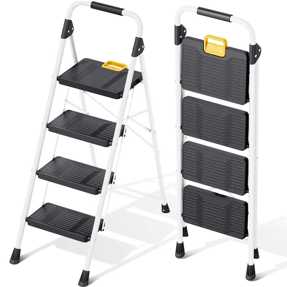 KINGRACK 4-step ladder open side view shows stable stance for high reach tasks