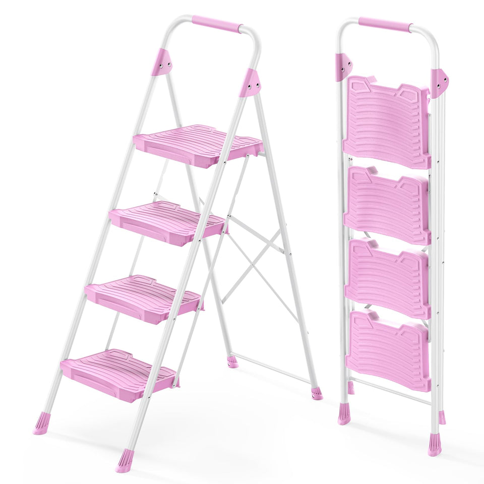 KINGRACK 4-step pink ladder with anti-slip pedals for secure footing.