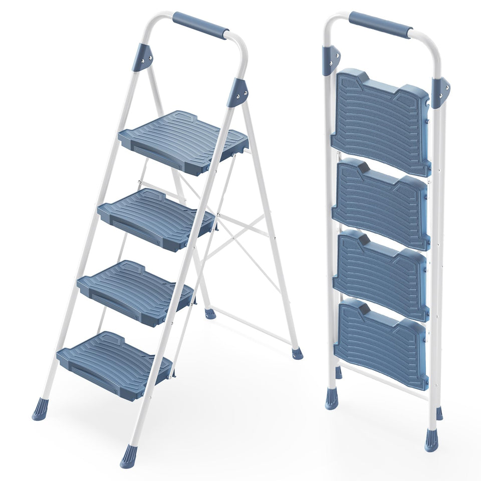 KINGRACK 4 Step Ladder side view with sturdy frame and handrail.