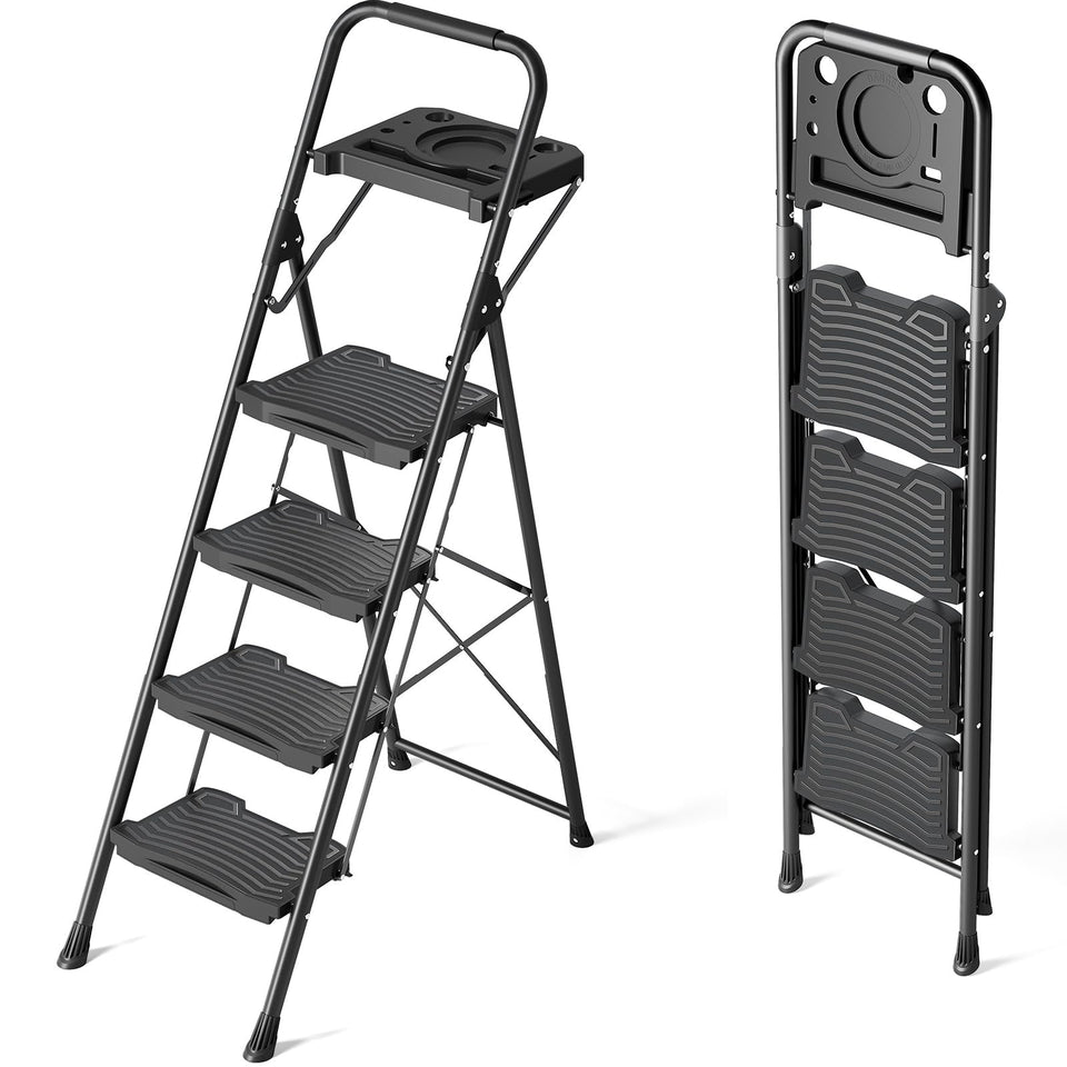 KINGRACK 4-step ladder with tool tray for quick tool access.