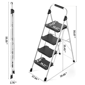 KINGRACK 4-step folding ladder folded for compact storage beside furniture