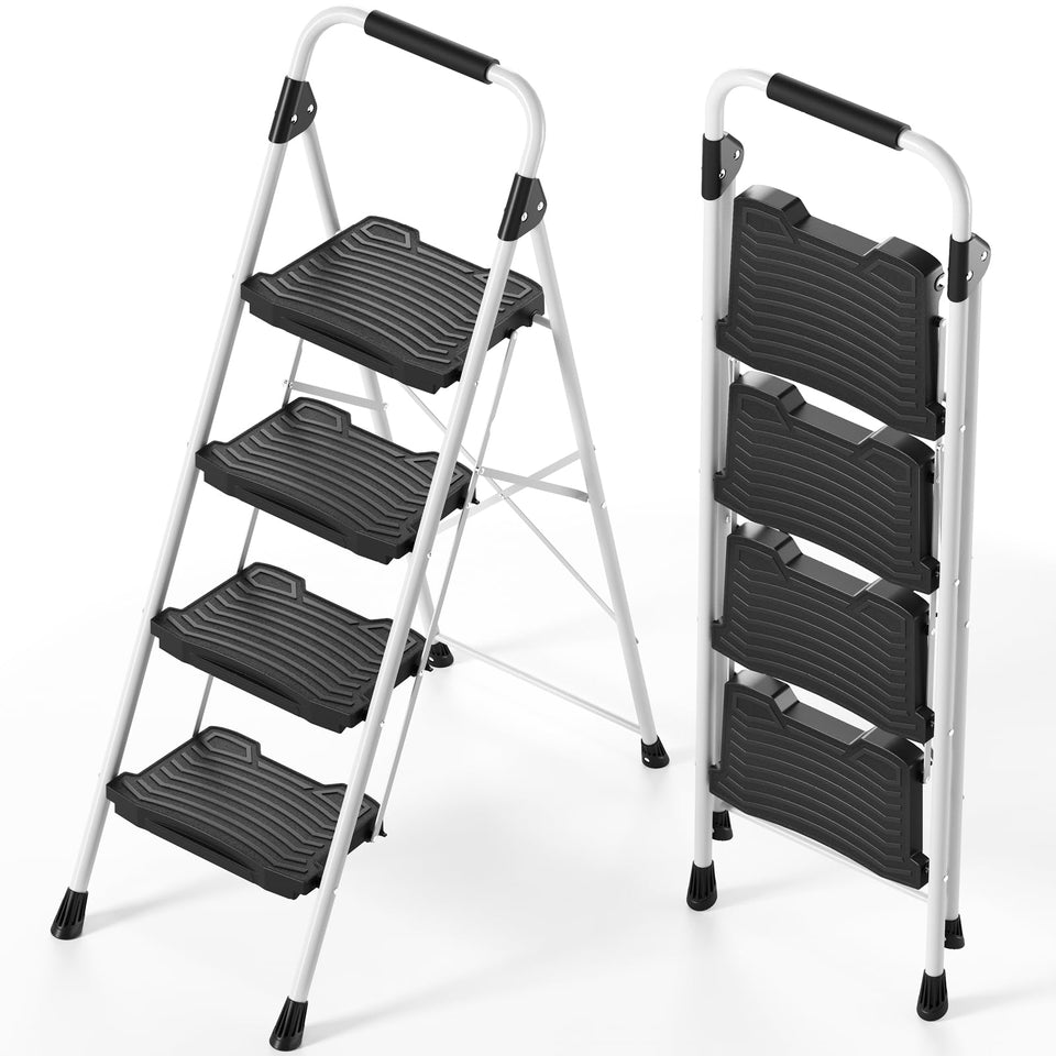 KINGRACK 4-step folding ladder open provides stable access for high shelves