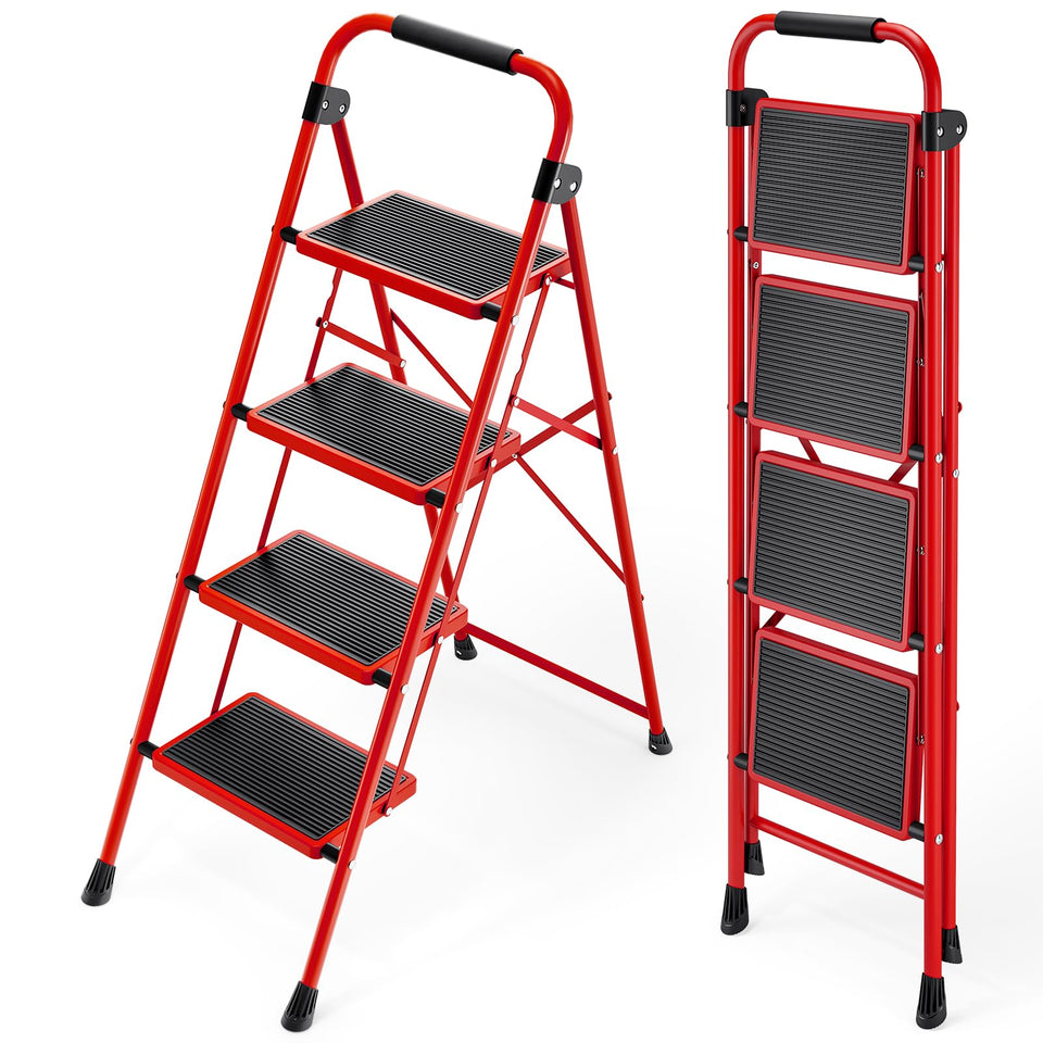 KINGRACK 4-Step Ladder top platform offers stable standing area for high shelves.