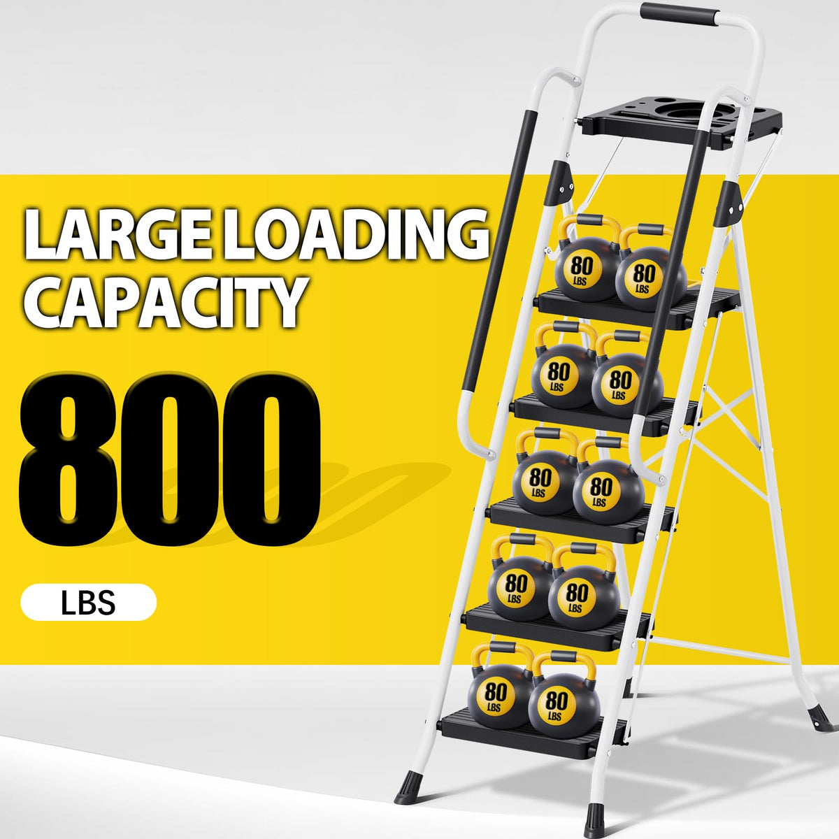 KINGRACK 5-step ladder tool tray keeps gloves and screws within reach.