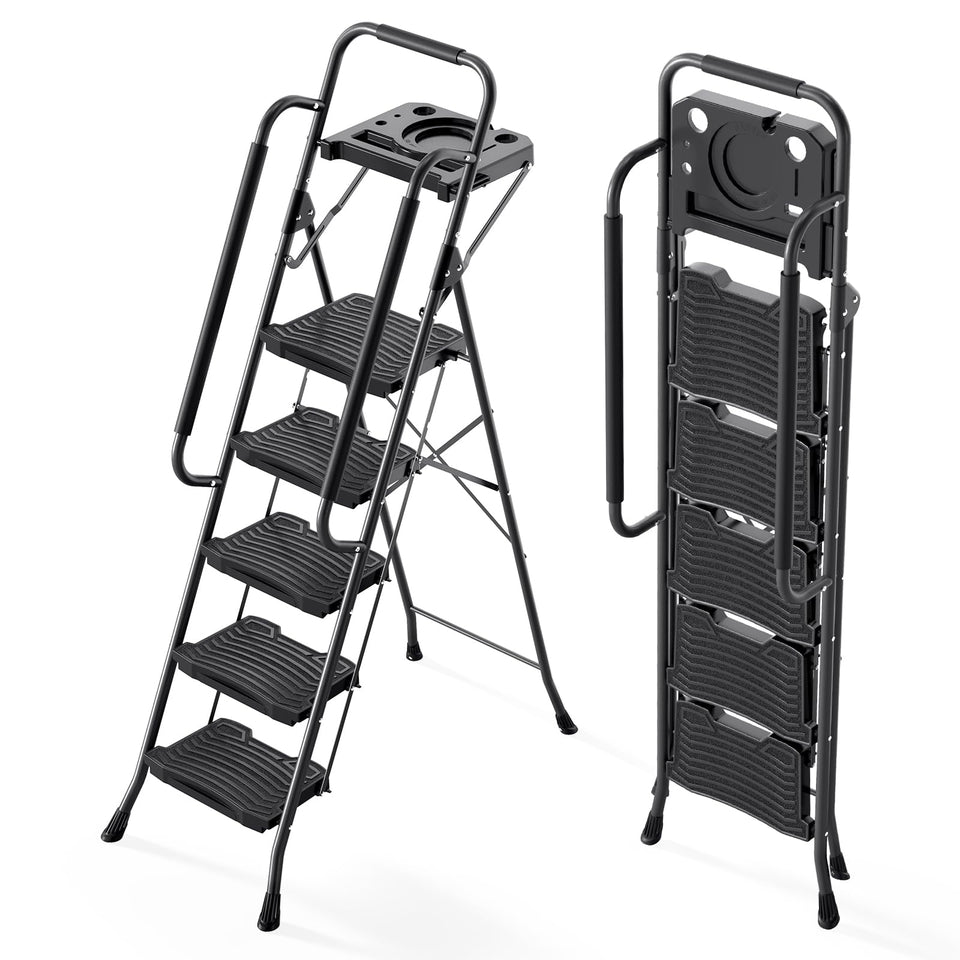 KINGRACK 5-step ladder with wide non-slip pedals for secure footing.