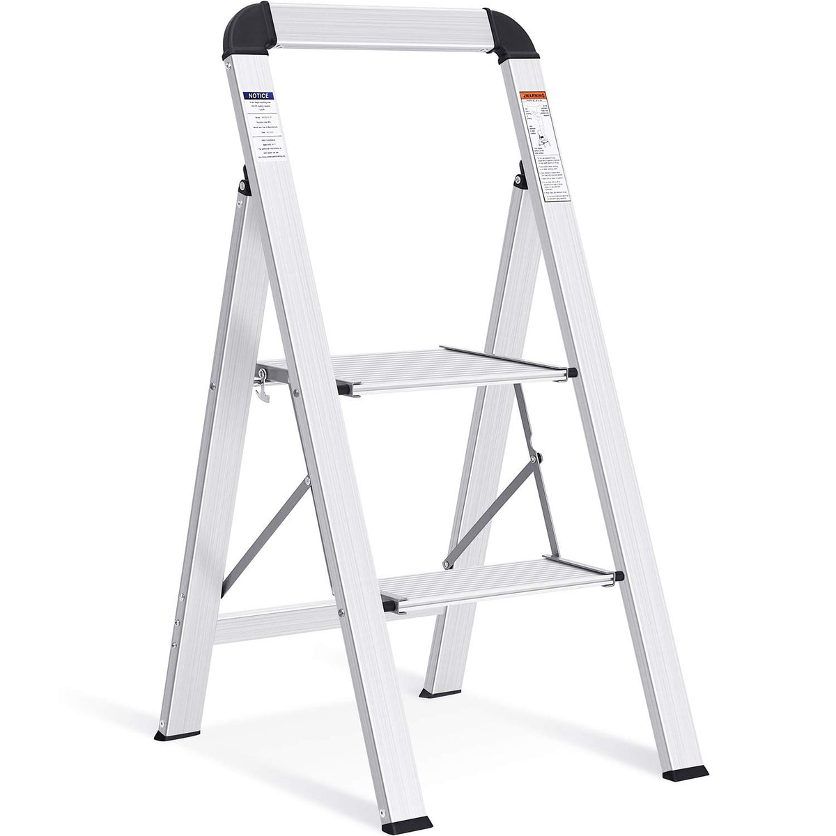 KINGRACK aluminium 2-step ladder open view, lightweight and easy to reach top shelves.