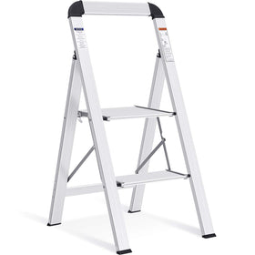 KINGRACK aluminium 2-step ladder open view, lightweight and easy to reach top shelves.