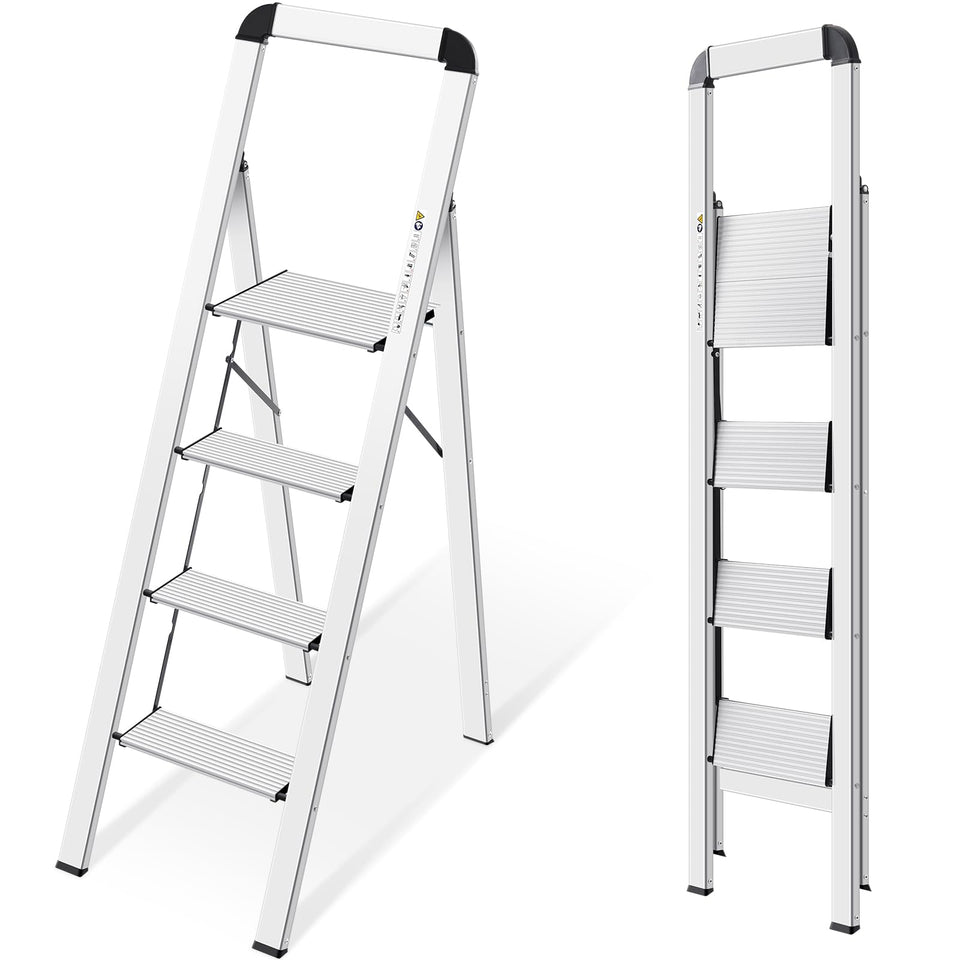 Kingrack aluminium 4-step ladder folded for compact storage and easy transport.