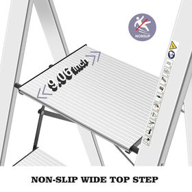 Kingrack aluminium 4-step ladder open dimensions for reach and stability.
