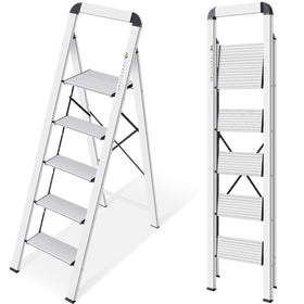KINGRACK aluminium 5-step ladder folded compact for easy storage.
