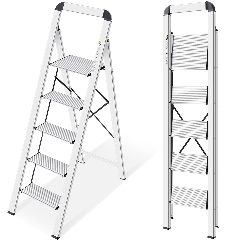 KINGRACK aluminium 5-step ladder folded compact for easy storage.