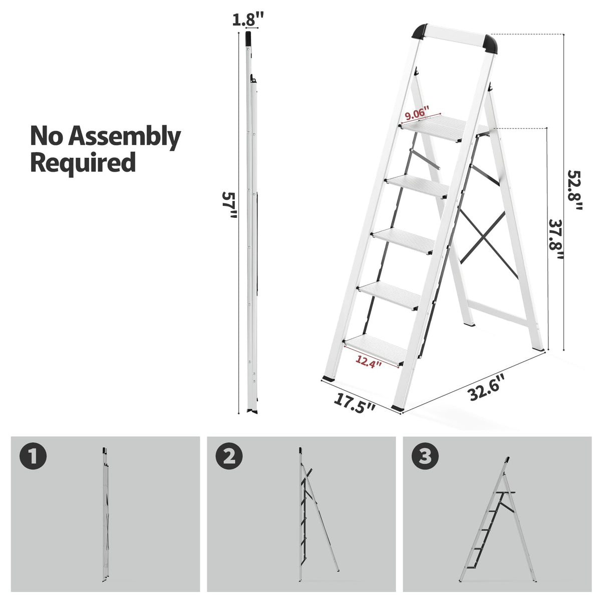 KINGRACK portable ladder folds flat for space-saving storage.